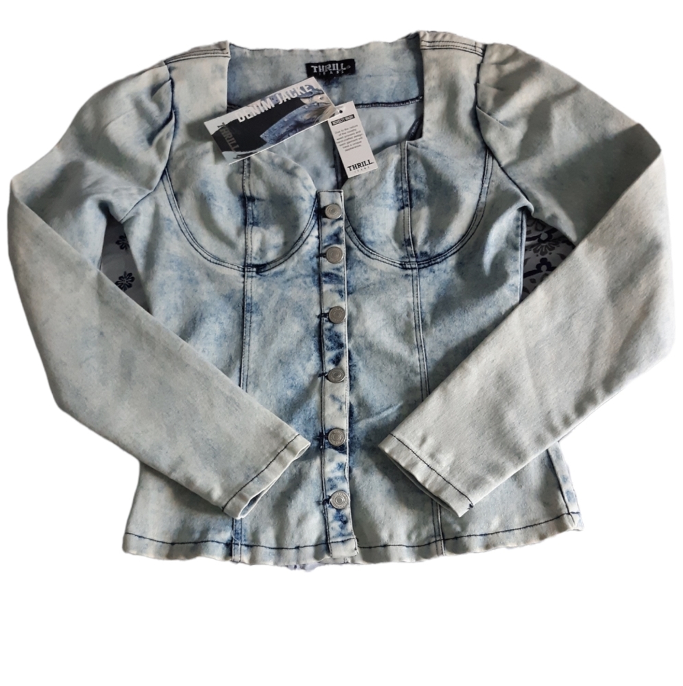 NWT Thrill Medium Novelty Acid Wash Dirty Blue Bustier Denim Jean Jacket